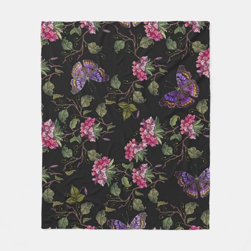 Embroidered Datura Flowers Botanical Art Fleece Blanket