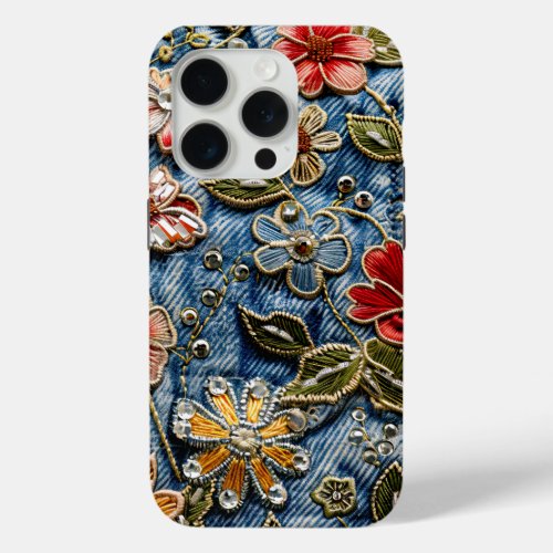  Embroidered Denim Florals in Yellow Red and Blu iPhone 15 Pro Case