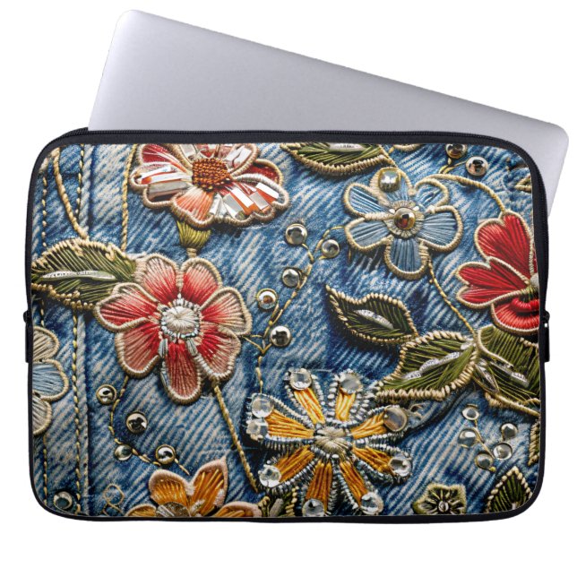  Embroidered Denim Florals in Yellow, Red, and Blu Laptop Sleeve (Front)
