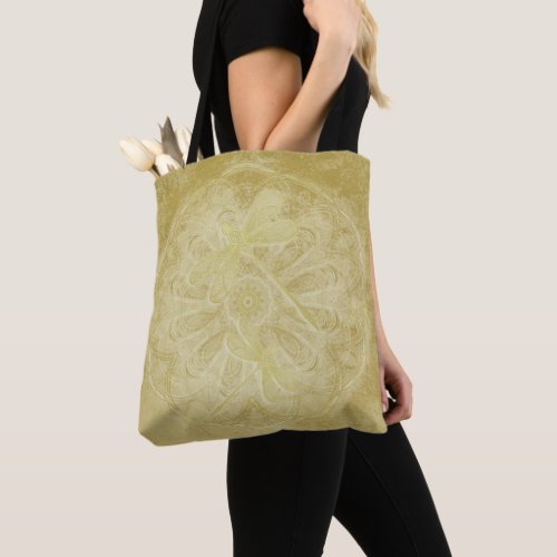 Embroidered dragonflies on gold mandala tote bag