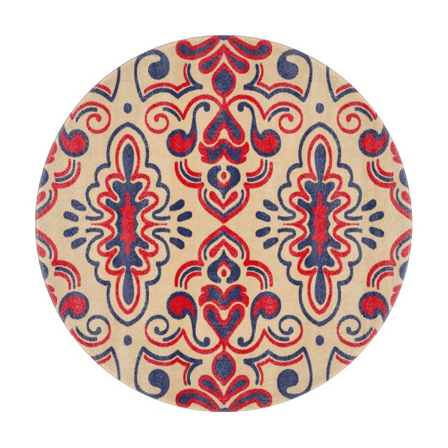 Embroidered Elegance: Ikat Fabric Pattern Cutting Board (Front)