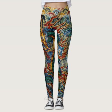Embroidered Fiery Chinese Dragon Leggings
