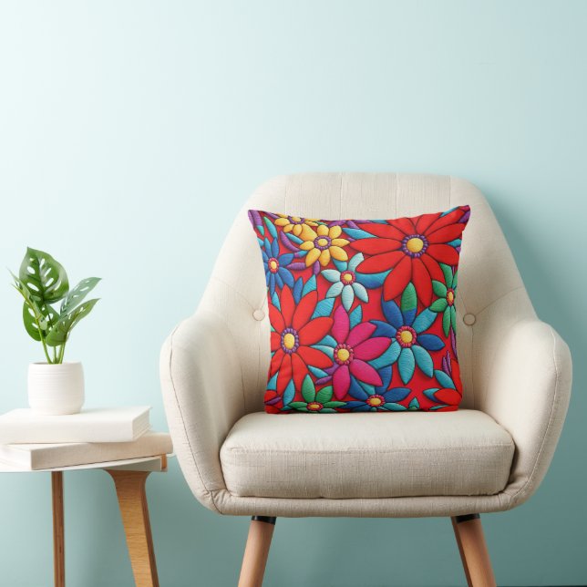 Embroidered Floral Design Throw Pillow (Chair)