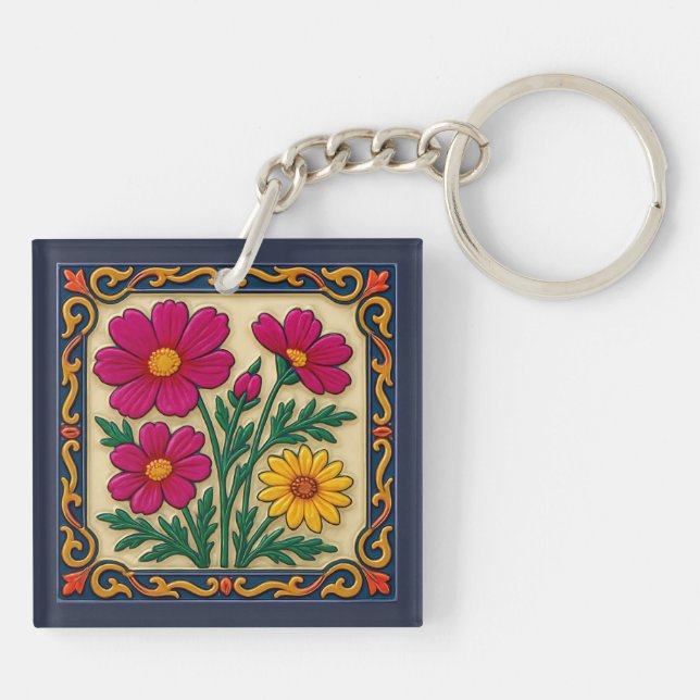 Embroidered Floral Folk Art  Keychain (Back)