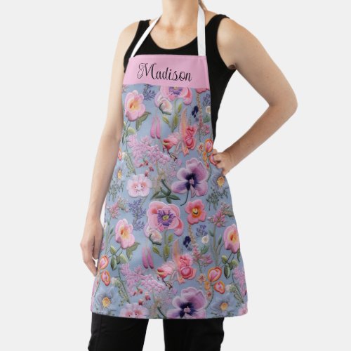 Embroidered Floral Seamless Pattern Apron