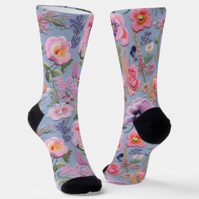 Embroidered Floral Seamless Pattern Socks (Angled)