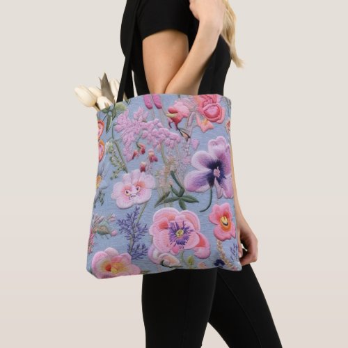 Embroidered Floral Seamless Pattern Tote Bag