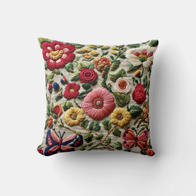 Embroidered Floral Throw Pillow (Front)