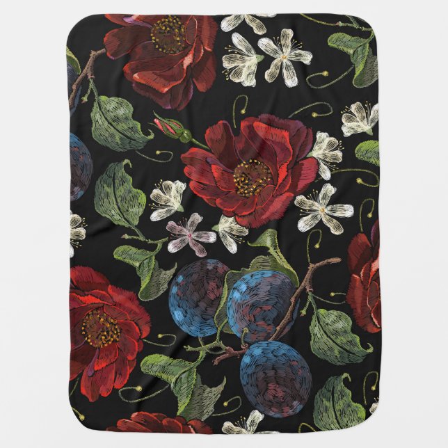 Embroidered Florals: Renaissance Seamless Pattern Baby Blanket (Front)