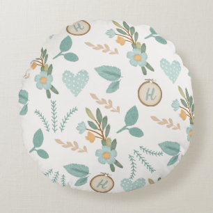 Embroidered Flower Design Crafters Blue Monogram Round Pillow