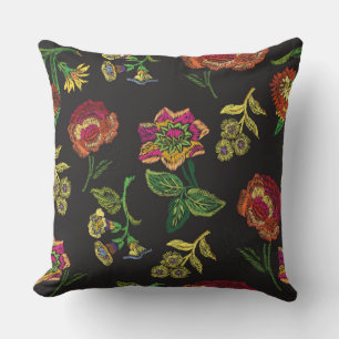 embroidered flower on black background throw pillow