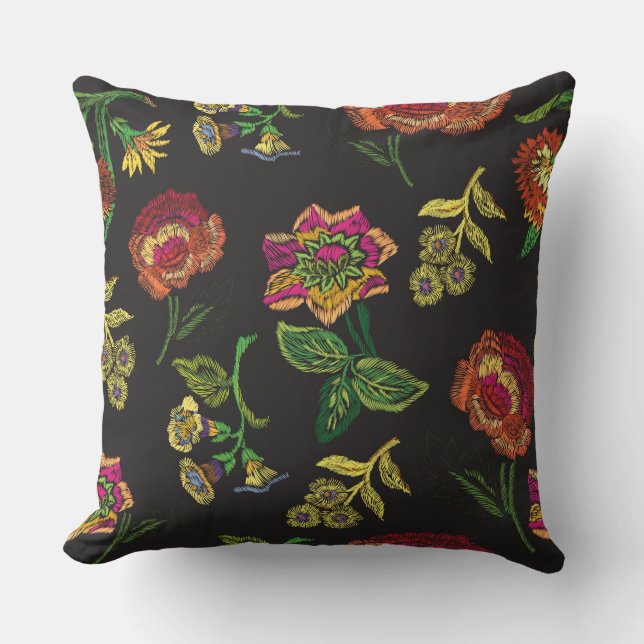 embroidered flower on black background throw pillow (Front)