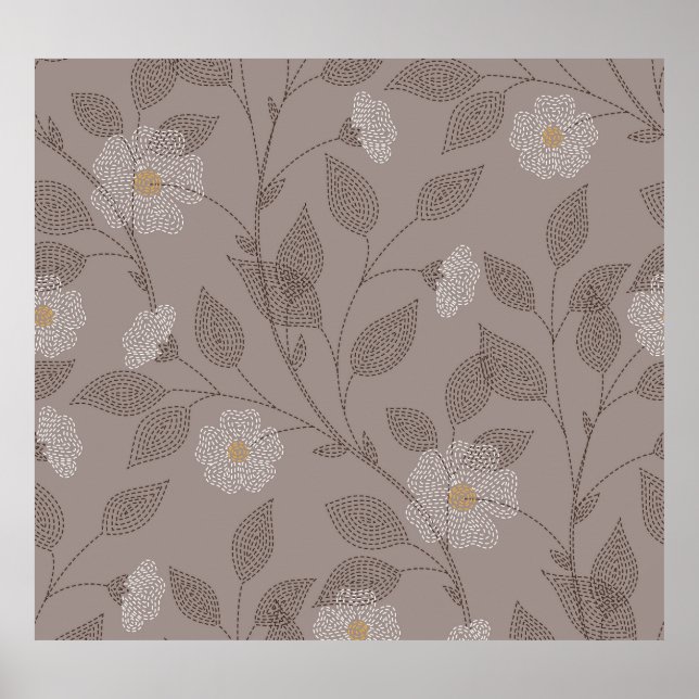 Embroidered flowers and leaves, seamless design. poster (Front)