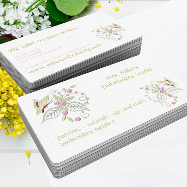 Embroidered Flowers Butterfly Embroidery Pattern Business Card (Creator Uploaded)
