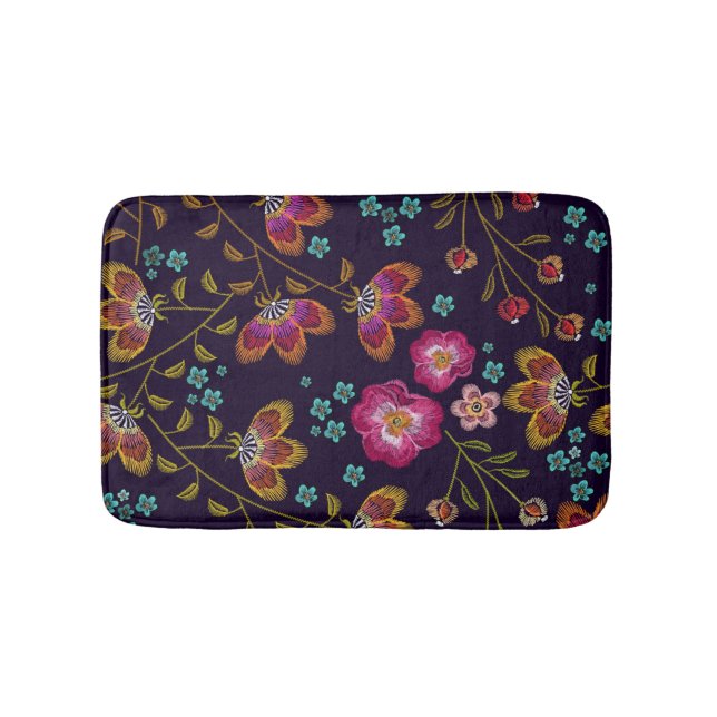 Embroidered flowers: fashion seamless pattern bath mat (Front)