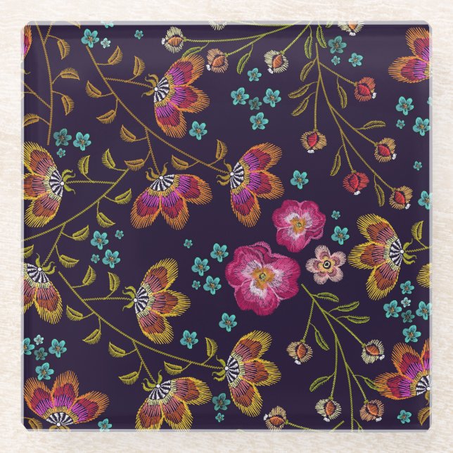 Embroidered flowers: fashion seamless pattern glass coaster (Front)