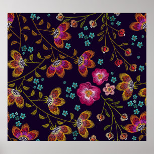 Embroidered flowers: fashion seamless pattern poster