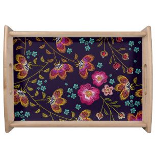 Embroidered flowers: fashion seamless pattern serving tray