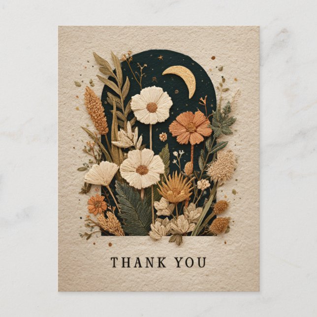 Embroidered Flowers with Moon Thank You Card (Front)