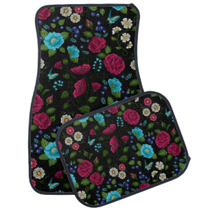 Embroidered Folk Style Pink Blue Floral Black Car Floor Mat