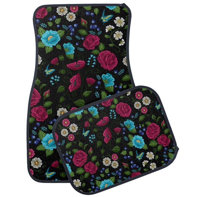 Embroidered Folk Style Pink Blue Floral Black Car Floor Mat (Set)