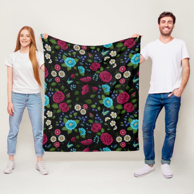 Embroidered Folk Style Pink Blue Floral Black Fleece Blanket (In Situ)