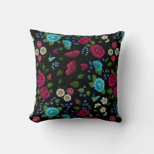 Embroidered Folk Style Pink Blue Floral Black Throw Pillow
