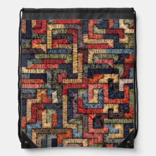 Embroidered geometric, ethnic texture drawstring bag