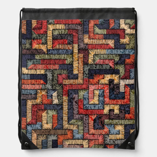 Embroidered geometric, ethnic texture drawstring bag (Front)