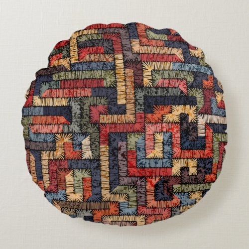 Embroidered geometric ethnic texture round pillow