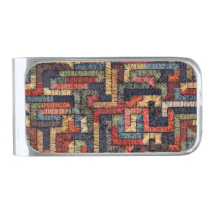 Embroidered geometric, ethnic texture silver finish money clip