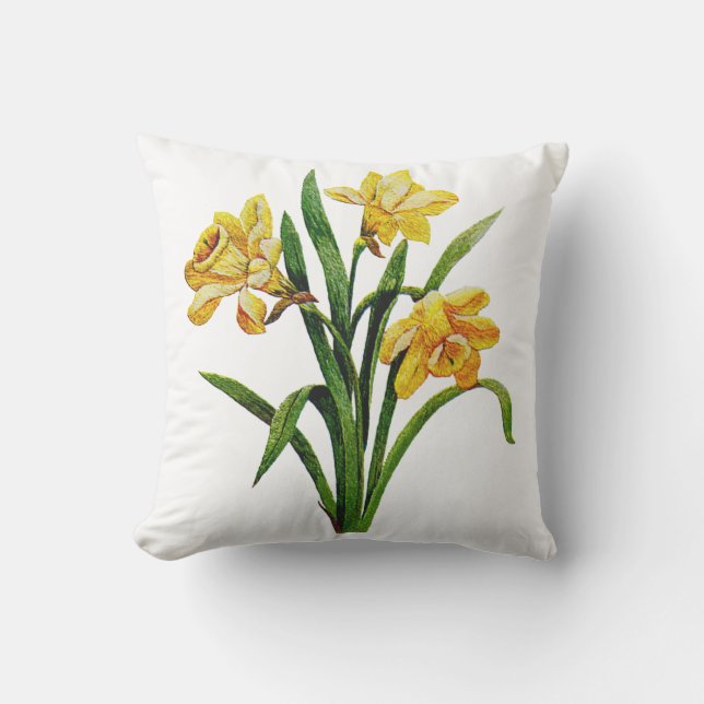 Embroidered Golden Daffodils Throw Pillow (Front)