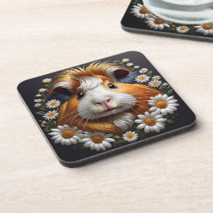 Embroidered Guinea Pig with Daisies Beverage Coaster