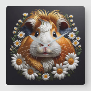 Embroidered Guinea Pig with Daisies Square Wall Clock
