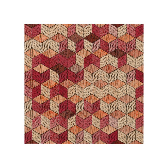 Embroidered Hexagons: Bohemian Patchwork Print. Wood Wall Art (Front)