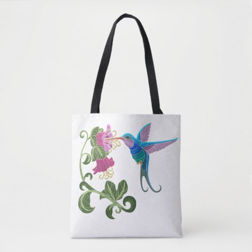 Embroidered Hummingbird and Hibiscus Flowers Tote Bag