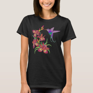 Embroidered Hummingbird and Iris Flowers T-Shirt