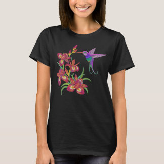 Embroidered Hummingbird and Iris Flowers T-Shirt
