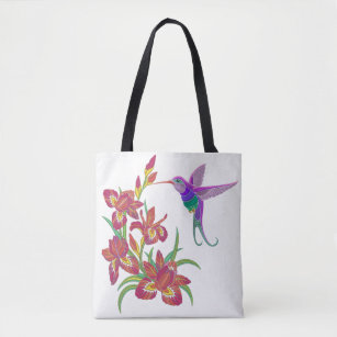 Tote Bags Embroidery Exotic Flowers Anchor Pattern Hummingbird Travel Totes Bag Fashion Handbags Shopping Zippered Tote For Women Waterproof Handba 