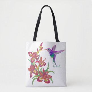Embroidered Hummingbird and Iris Flowers Tote Bag