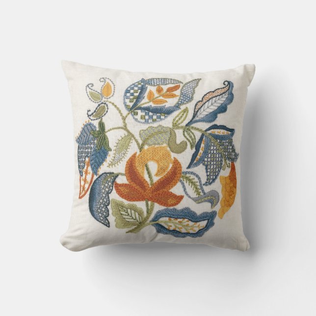 Embroidered Jacobean Leaves Throw Pillow (Front)