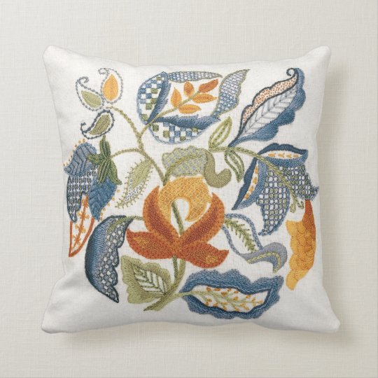 Embroidered Jacobean Leaves Throw Pillow