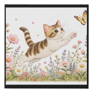 Embroidered Kitten Chasing Butterfly in Wildflower Faux Canvas Print
