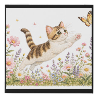 Embroidered Kitten Chasing Butterfly in Wildflower Faux Canvas Print