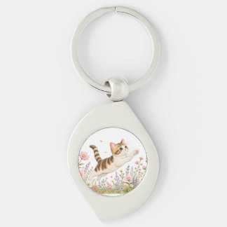 Embroidered Kitten Chasing Butterfly in Wildflower Keychain