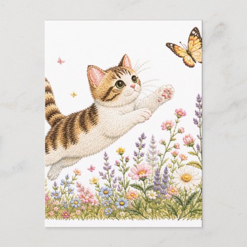 Embroidered Kitten Chasing Butterfly in Wildflower Postcard