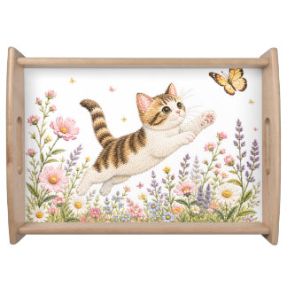 Embroidered Kitten Chasing Butterfly in Wildflower Serving Tray