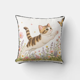 Embroidered Kitten Chasing Butterfly in Wildflower Throw Pillow