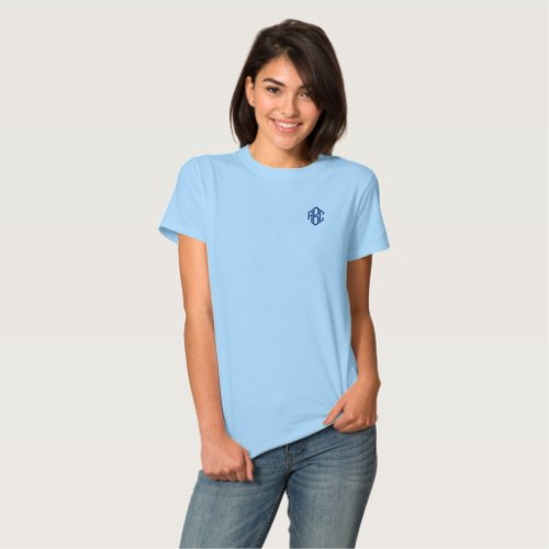 Embroidered Light Blue Monogram Womens T_shirt