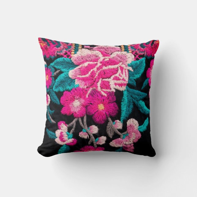Embroidered look boho floral pink black teal throw pillow (Front)